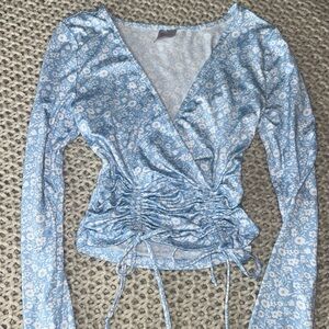 Blue Floral Long Sleeve Top w Bow-Tie Scrunch Detail